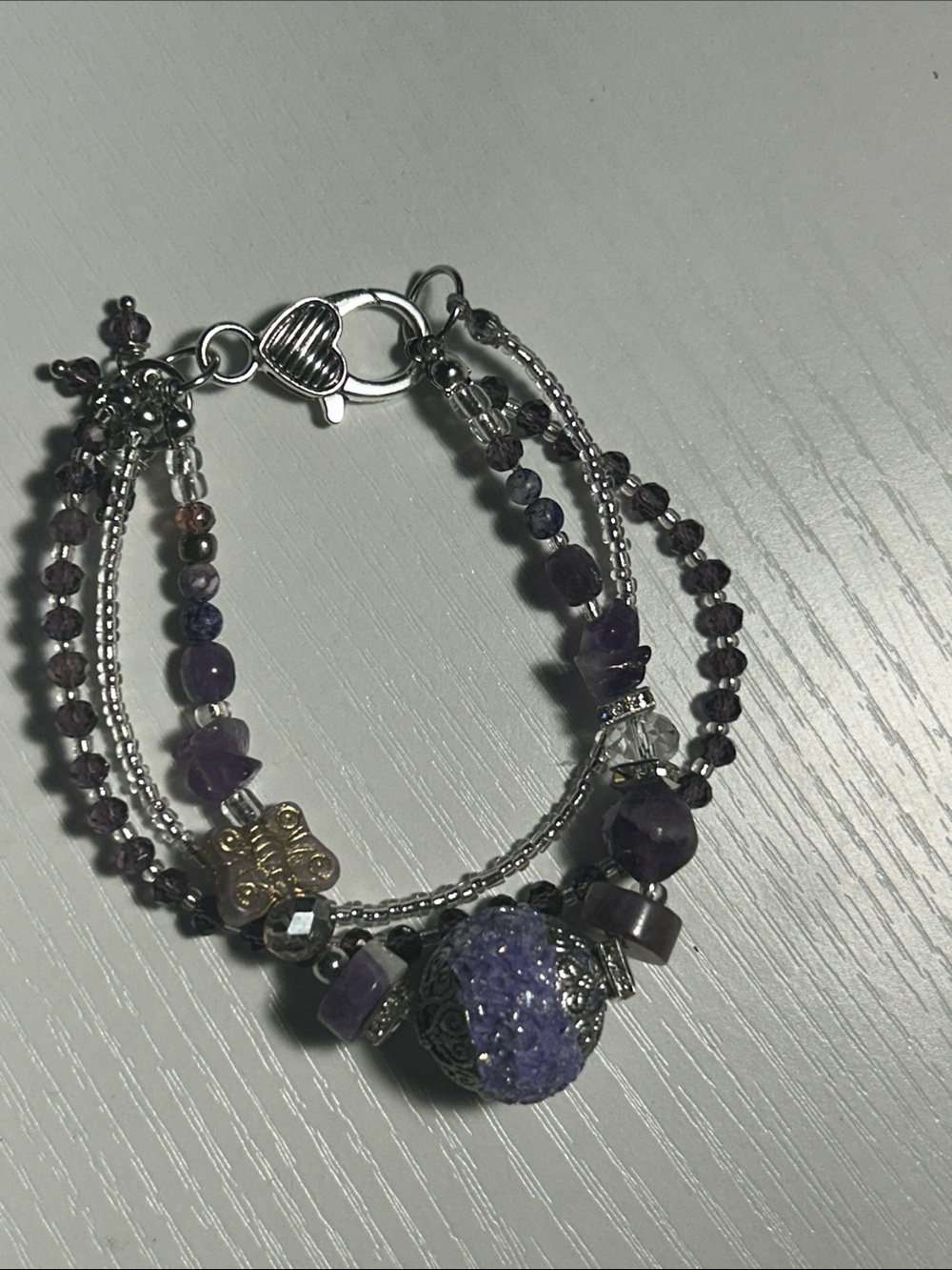 Multi-Strand Amethyst Bead Bracelet with Silver Accents